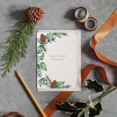 Cartolina d'auguri floreale dell'acquerello di Natale della pigna