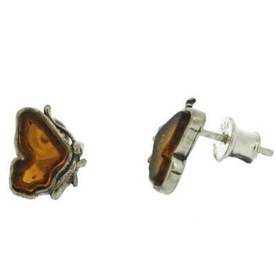 Cognac Amber Butterfly Stud Earrings with Presentation Box