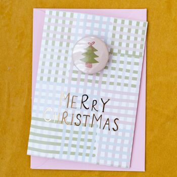 Carte "Joyeux Noël" en feuille d'or avec badge d'arbre de Noël