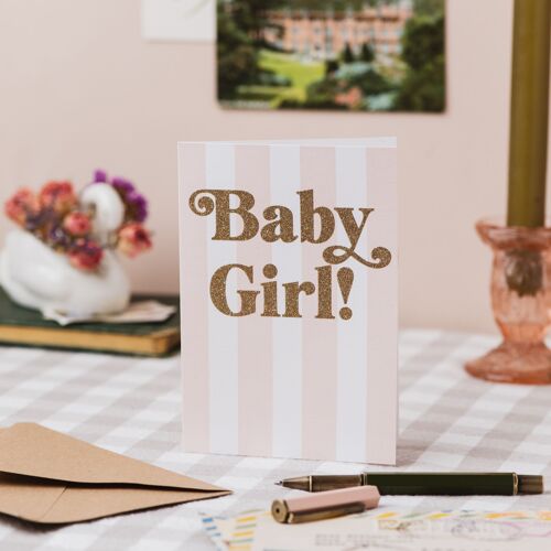 Baby Girl! Stripe Card with Biodegradable Glitter
