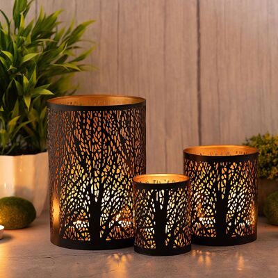 Lantern set of 3 candle holders Forest tea light holder round black gold