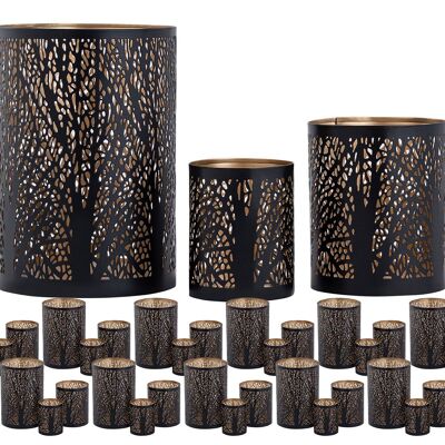 Set di 3 lanterne Masterbox 12x Portacandele in 3 pezzi Portacandele Forest rotondo nero oro
