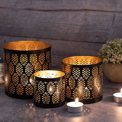 Candlestick set of 3 lantern oriental tealight holder round black gold