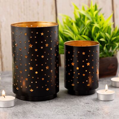 Teelichthalter 2er Set Kerzenständer Sternenhimmel Kerzenhalter rund schwarz gold