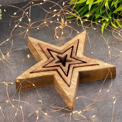 Decorative Star Figures Set of 3 Wooden Figures 26/17/10cm Christmas Decoration Mango Wood