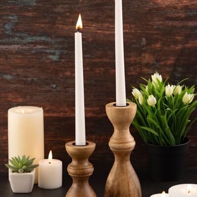 Juego de candelabros con 2 velas de palo, candelabro redondo H20/13x6cm, madera de mango