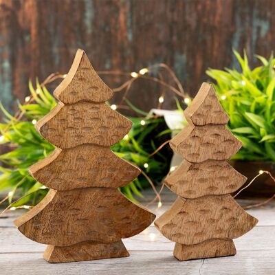 Figura decorativa de árbol, juego de 2 figuras de madera Al. 23/20 cm, árbol de madera, decoración navideña, madera de mango
