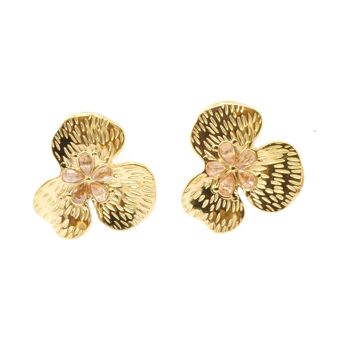 Boucles Oreilles Acier Grosse Fleur Pétale Gravé Pierre Naturelle 3