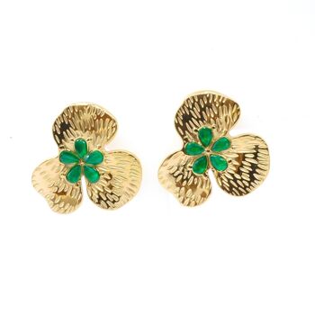 Boucles Oreilles Acier Grosse Fleur Pétale Gravé Pierre Naturelle 4