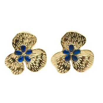 Boucles Oreilles Acier Grosse Fleur Pétale Gravé Pierre Naturelle 5