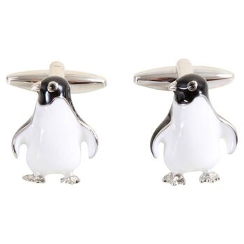 Boutons de manchette plaqués rhodium pingouin 3D 1