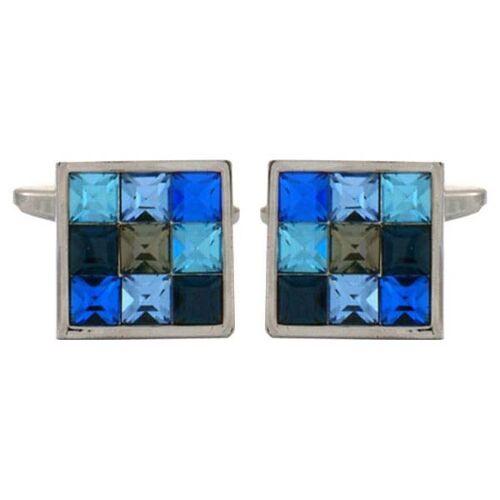 9 Crystals In Shades of Blue Square Rhodium Plated Cufflinks