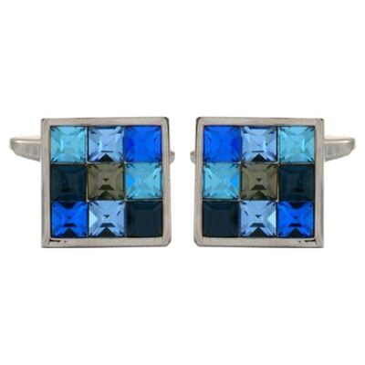 9 Crystals In Shades of Blue Square Rhodium Plated Cufflinks