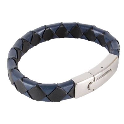Bracelet en cuir tressé noir et bleu avec fermoir en acier