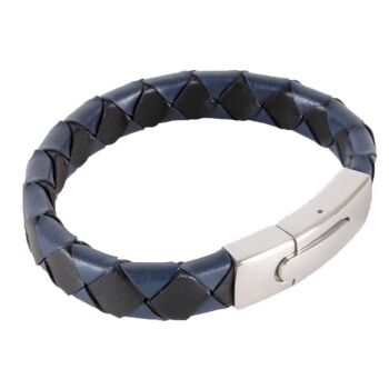 Bracelet en cuir tressé noir et bleu avec fermoir en acier 1