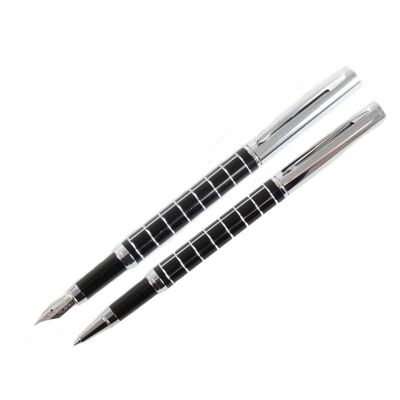 Black & Chrome Checker Fountain & Rollerball Pen Set