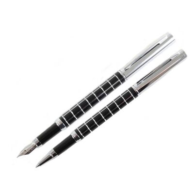 Set di penne stilografiche e roller a scacchi nere e cromate