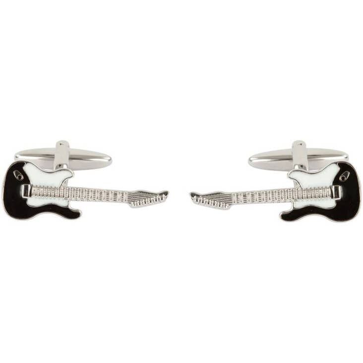 Gemelos de guitarra eléctrica en blanco y negro chapados en rodio