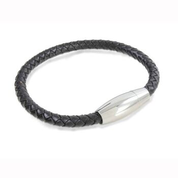 Bracelet en cuir noir et acier inoxydable Fermoir aimanté ovale 1