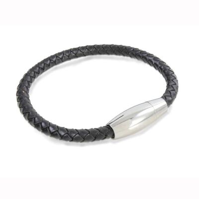 Black Leather & Stainless Steel Bracelet Oval Magnet Clasp