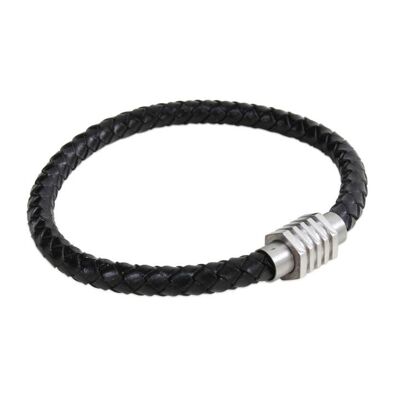 Black Leather Bracelet with Stainless Steel Ribbed Clasp