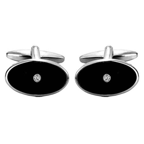 Black Oval Enamel & Crystal Rhodium Plate Cufflinks