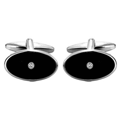 Schwarze ovale Manschettenknöpfe mit Emaille und Kristallrhodinierung