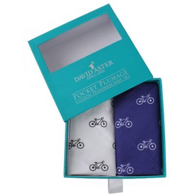 Blau-weißes Taschentuch-Set aus Baumwolle mit Fahrrad-Print