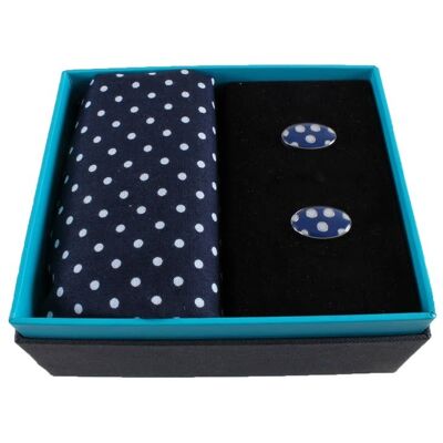 Set aus Taschentuch und Manschettenknöpfen mit blauen und weißen Punkten