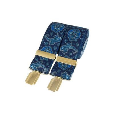 Bretelles à clip dorées 35 mm à motif cachemire bleu