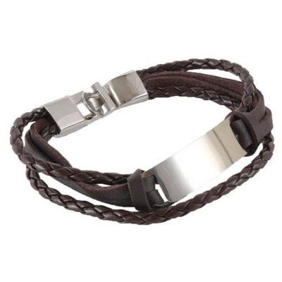 Bracelet marron à 4 cordons avec plaque gravée en acier inoxydable