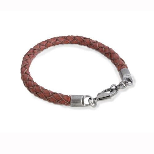 Brown Leather Bracelet Stainless Steel Chain Clasp 21cm