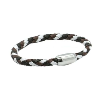 Bracelet en cuir marron et blanc, fermoir aimanté en acier