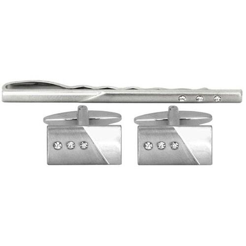 Brushed & Shiny Rhodium with 3 Crystals Cufflink & Tie Set