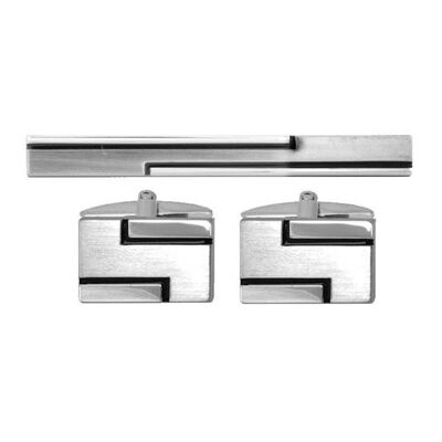 Brushed & Shiny Rhodium with Black Line Cufflink & Tie Set