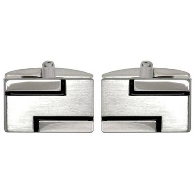 Brushed & Shiny with Black Lines Rhodium Plated Cufflinks