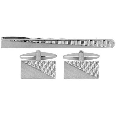 Brushed Rhodium Engine-Turned Cufflink & Tie Slide Set