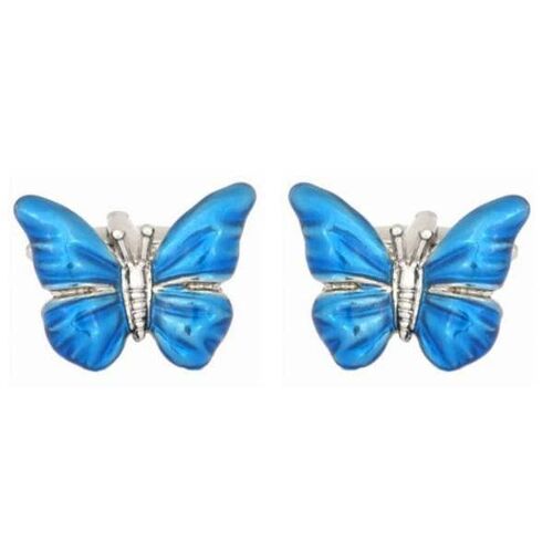 Butterfly Cufflinks - Blue Enamel Set In Rhodium Plate