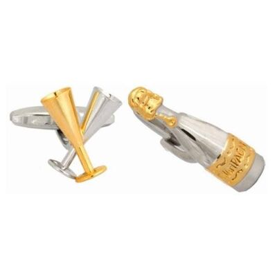 Champagne Bottle & Glasses Rhodium Plated Cufflinks