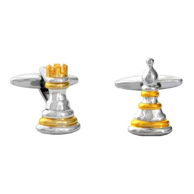 Gemelos chapados en oro y rodio con peón/torre de ajedrez