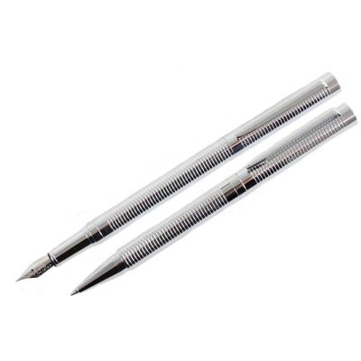 Chrome Ribbed Fountain & Ball Point Pen Set