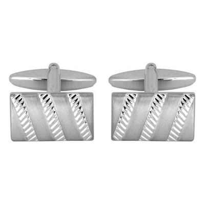 Engine Turned 3-Stripes Rectangular Rhodium Plated Cufflinks