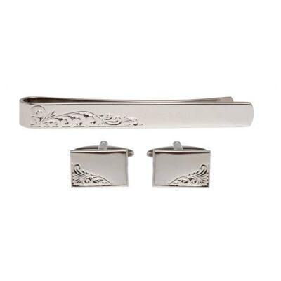 Engraved Leaf Design Cufflink & Tie Set In Rhodium Plate