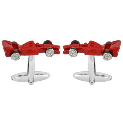 Boutons de manchette plaqués rhodium, voiture de course rouge de Formule 1