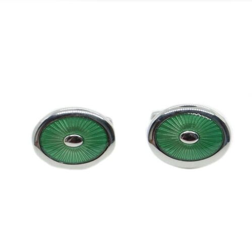 Green Enamel Oval Rhodium Plate Cufflinks