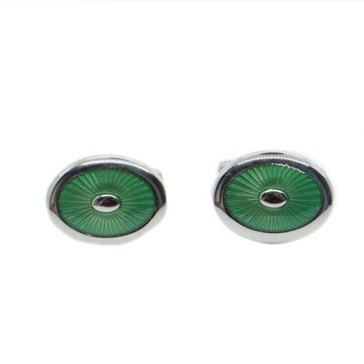 Green Enamel Oval Rhodium Plate Cufflinks