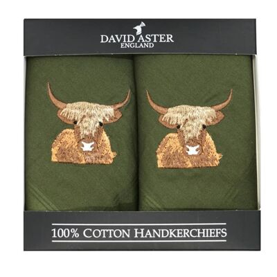 Highland Cow bestickte Taschentücher aus grüner Baumwolle
