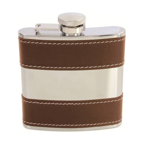 Hip Flask Brown 6oz Shiny Stainless Steel Centre