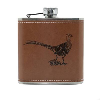 Hip Flask Pheasant Leatherette Design - 6oz