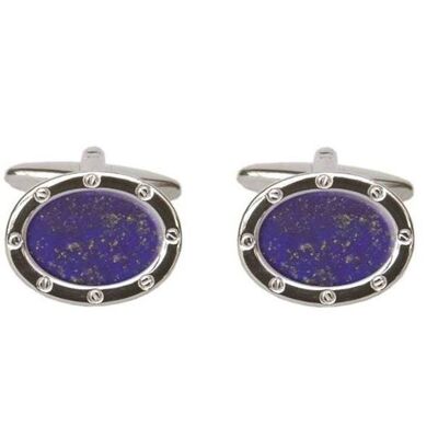 Lapis Lazuli Stone Oval Port Hole Rhodium Plated Cufflinks